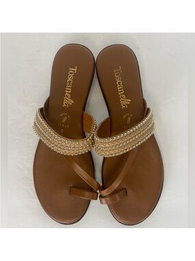 Toscanella Tan Beaded Toe-Ring Sandals Italian Studded Strap